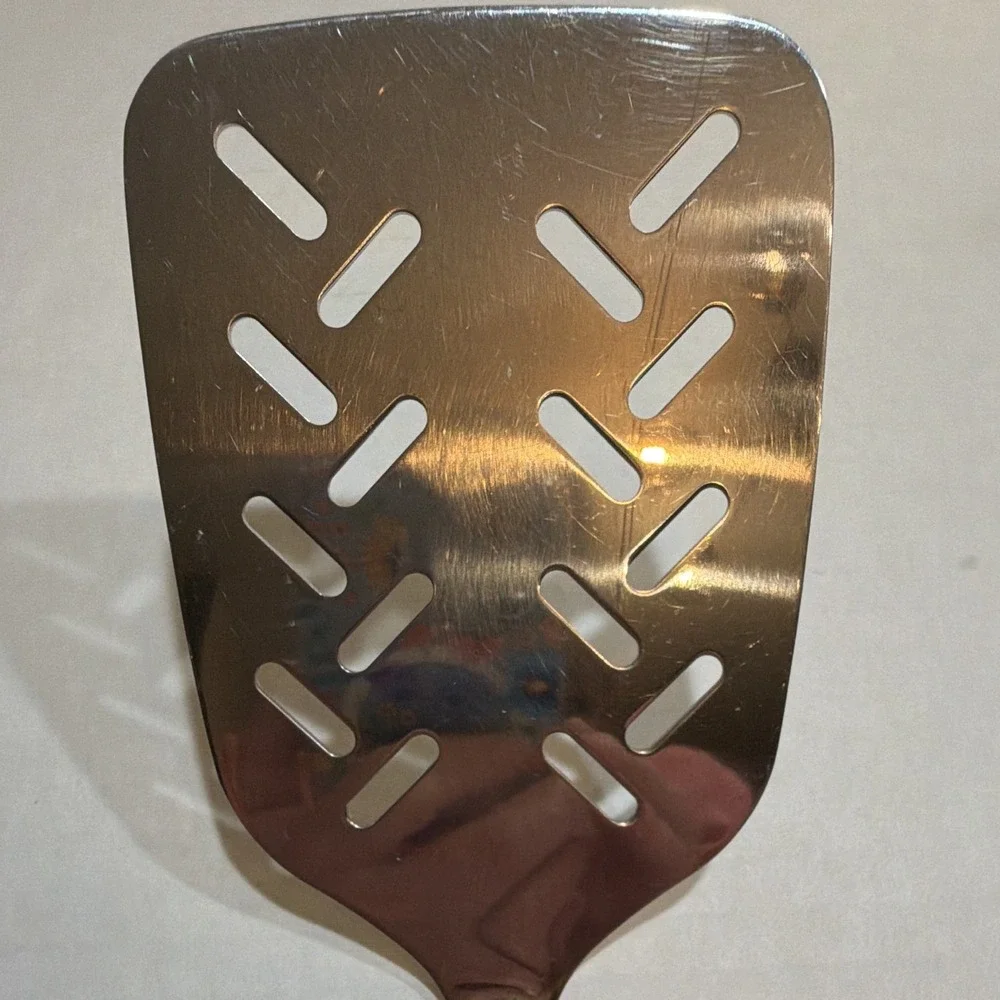 Vintage Hoffritz Stainless Steel Slotted Spatula Hanging Hole Silver Black